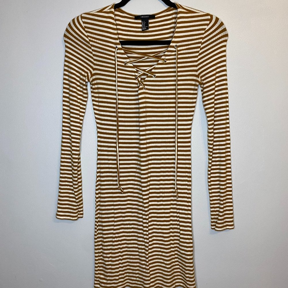 FOREVER 21 Long Sleeved Lace Up Bodycon Dress in Mustard Stripe (Size S)